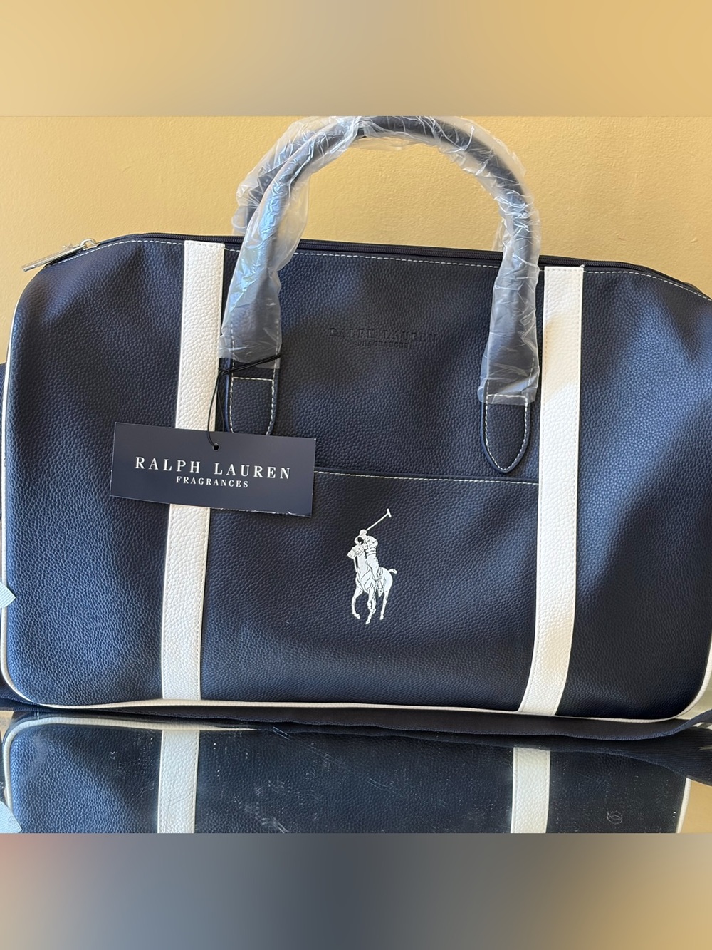 Ralph Lauren navy with white trim faux leather travel weekend duffel bag - Picture 10 of 11